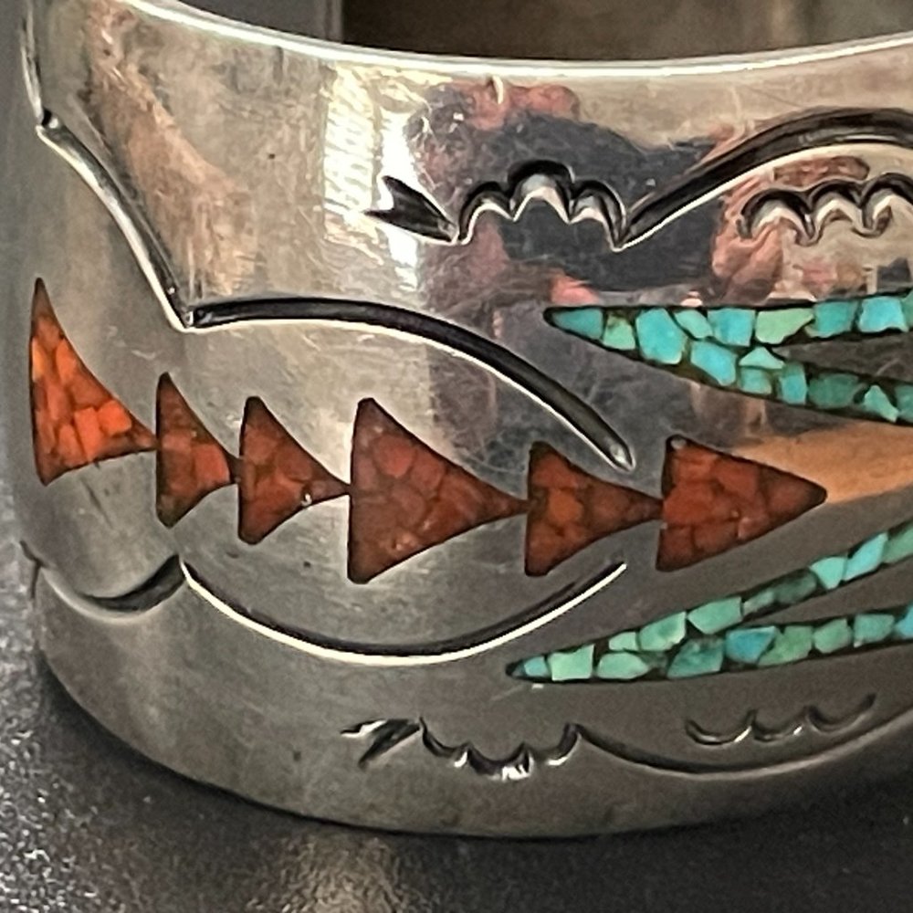 Vintage Silver Turquoise & Coral Inlay Cuff by Alfred Joe Navajo Tribe - Picture 9 of 16